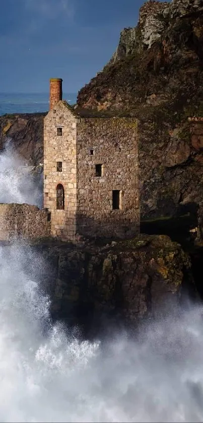 Dramatic ocean waves crashing against a coastal castle with rocky cliffs.