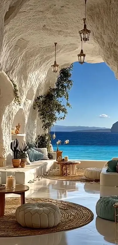 Coastal cave with ocean view and natural decor.