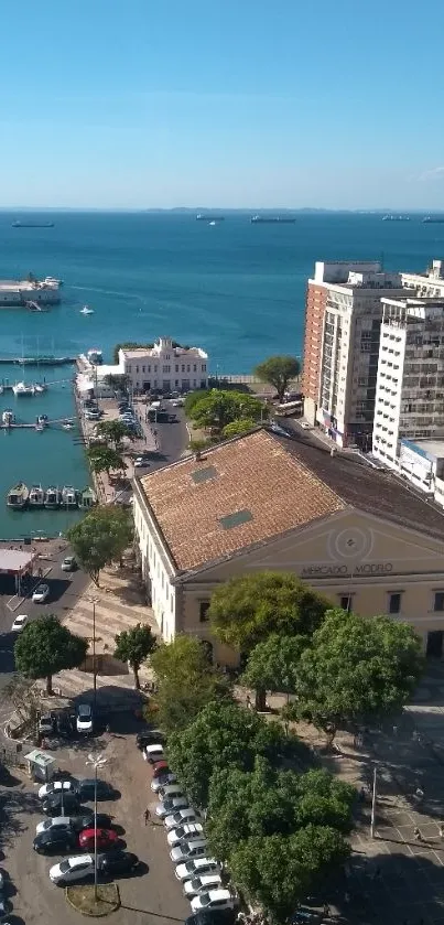 A scenic view of a coastal cityscape with marina and ocean.