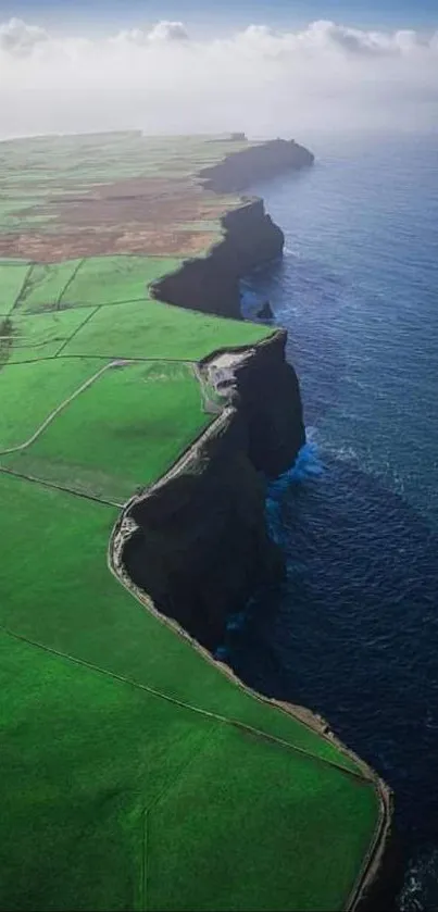 Aerial view of green cliffs meeting a blue ocean under a cloudy sky.