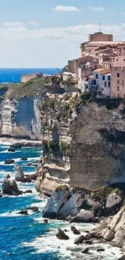 Serene coastal cliffs with blue ocean waves and sunlit hillside buildings.