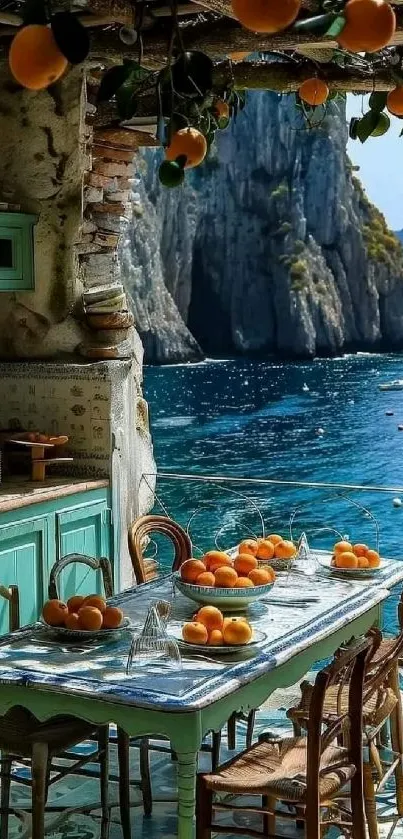 Serene coastal dining area with ocean view and vibrant fruit display.