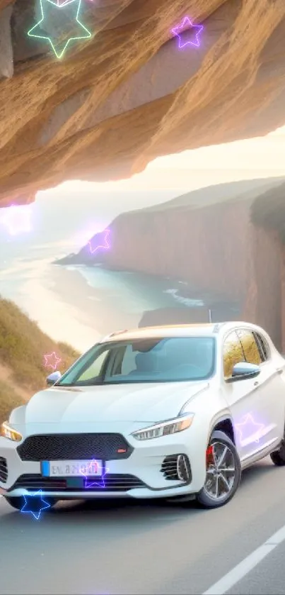 White car driving on coastal cliff road at sunset.