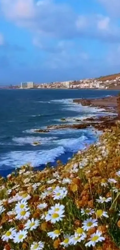 Beautiful coastal scenery with white flowers and ocean waves under a blue sky.