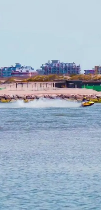 Jet ski speeding along a vibrant coastal shoreline with cityscape in the background.