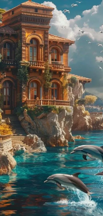 Elegant mansion on cliffside with dolphins in the ocean foreground.