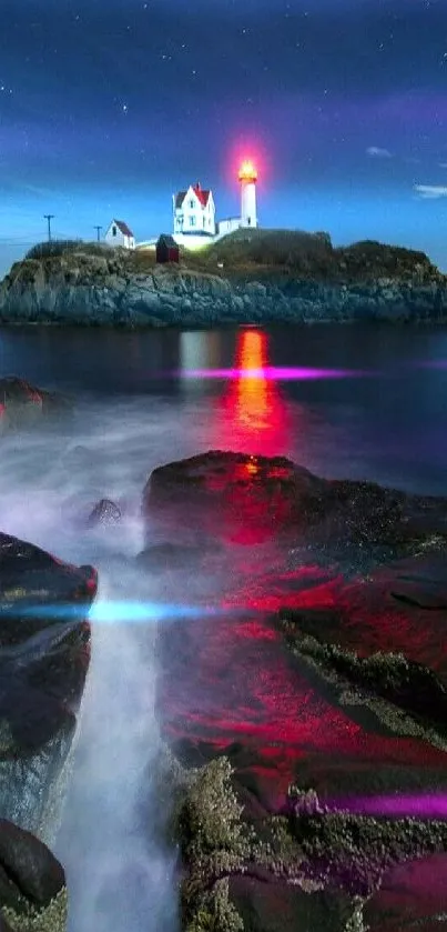 Lighthouse at night reflecting in ocean waters under starry sky.