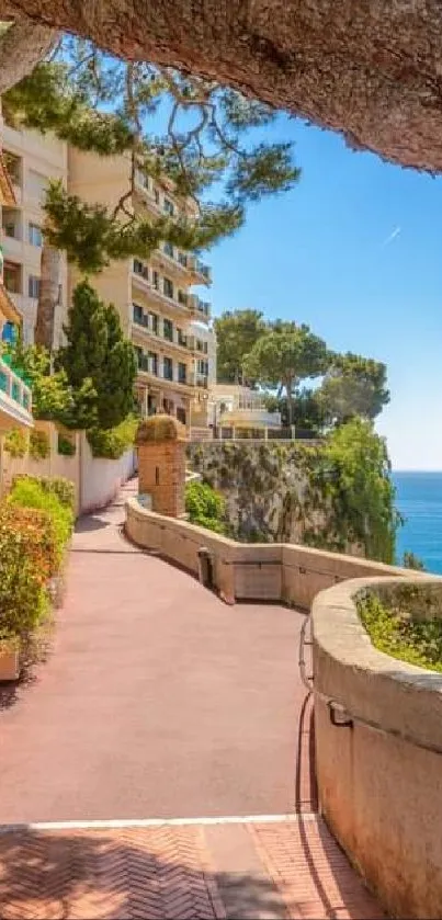 Serene coastal pathway with sea view on a sunny day.