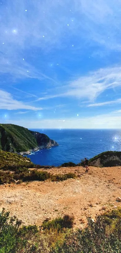 A scenic coastal view with blue sky and ocean.