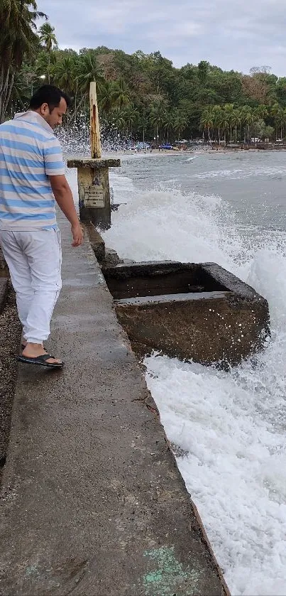 Person walking by the ocean with palm trees and waves crashing against the shore.