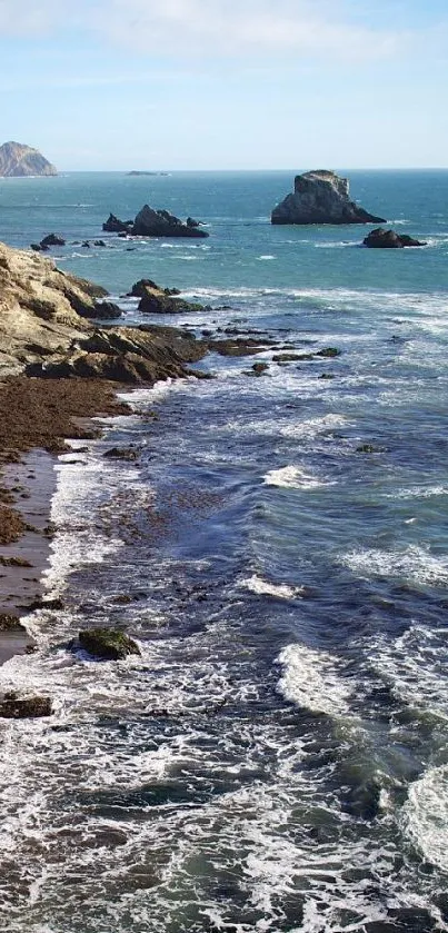 Rugged beach cliffs with ocean waves crashing on a sunny day.