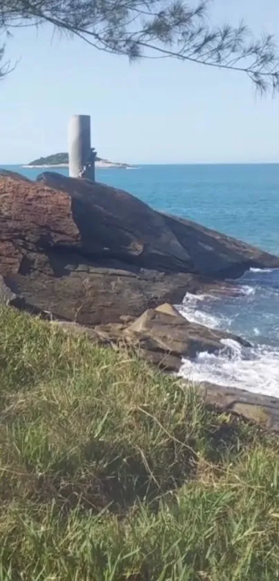 Scenic coastal view with ocean and cliffs, lush green foreground.