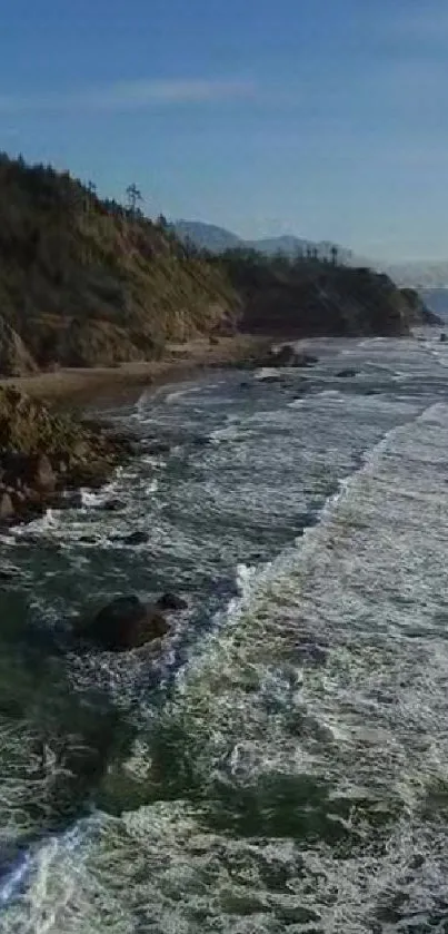 Aerial view of a coastal landscape with waves and rocky shores.