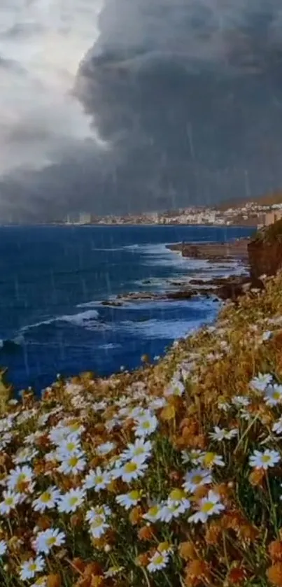 Stormy coastal scene with daisies and ocean waves.