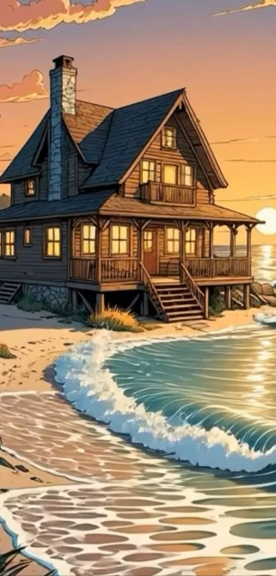 A serene beach cottage at sunset with waves and palm trees in a tranquil illustration.