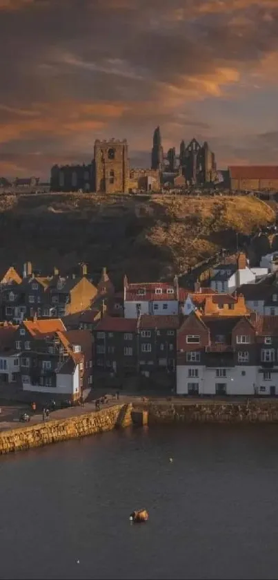 Coastal town bathed in a dramatic sunset, overlooking a peaceful harbor.