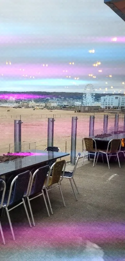 Coastal cafe overlooking a sandy beach with a city skyline in the background.