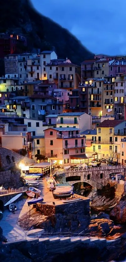 Evening view of a colorful coastal village.