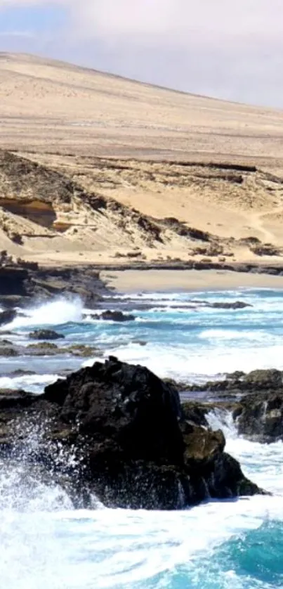 Coastal waves meet desert sands in a tranquil landscape.