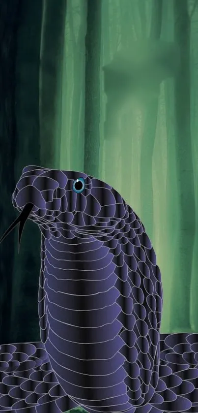 Mystical snake coiling in a dark, mysterious forest.