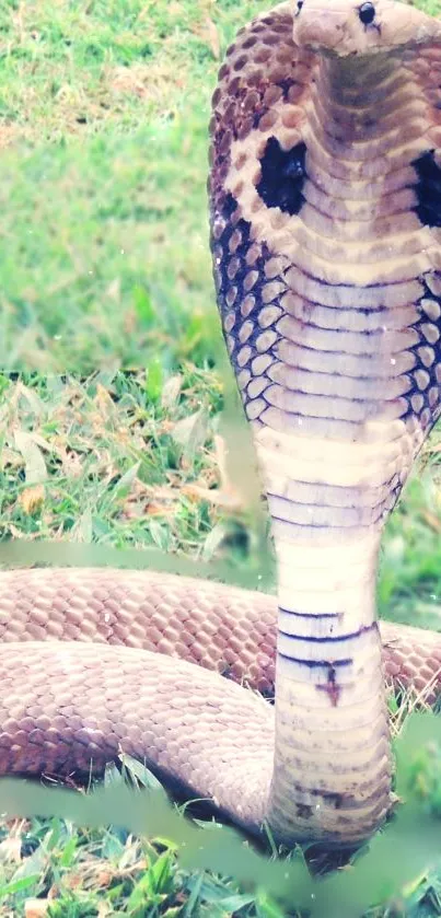 Majestic cobra poised on grassy field background.