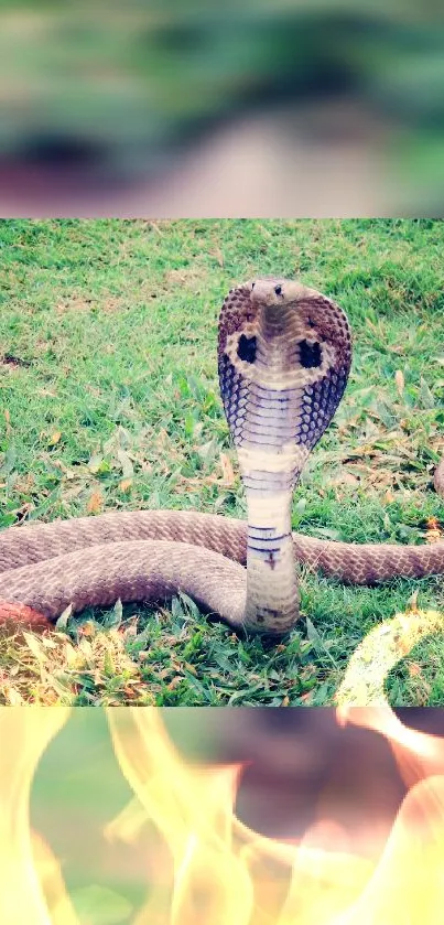 Mobile wallpaper of a cobra poised on green grass with fiery elements.