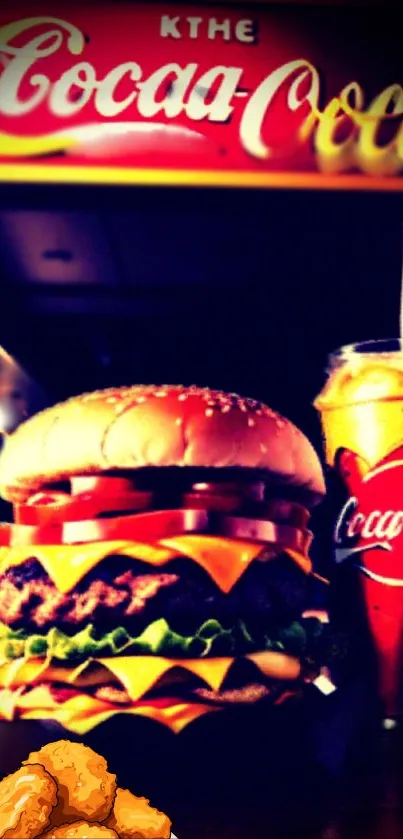 Juicy burger with Coca-Cola drink in vibrant setting.