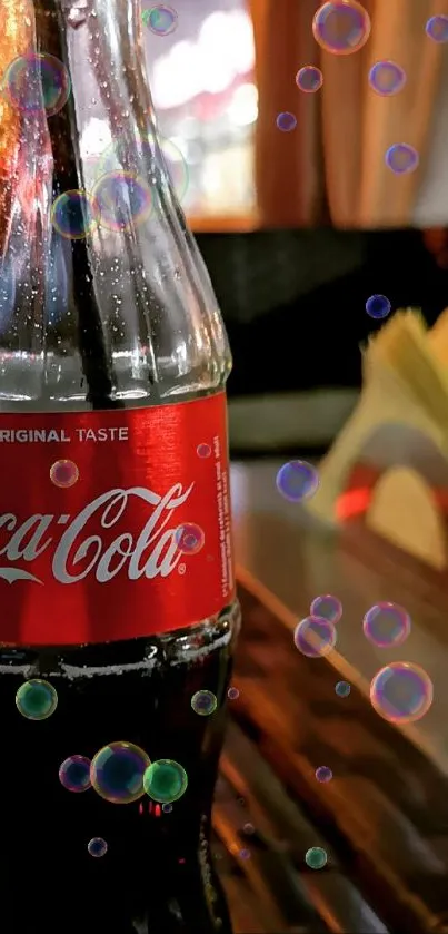 Coca-Cola bottle with iconic logo on a colorful table background.
