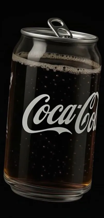 Coca-Cola can on a black background with visible bubbles.