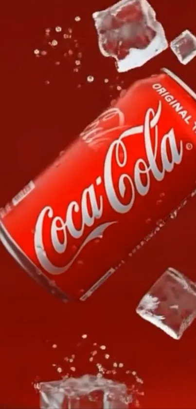 Coca-Cola can with ice cubes on red background.