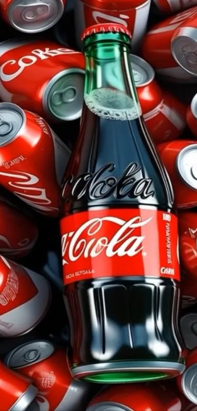 Coca-Cola bottle amid red soda cans wallpaper.