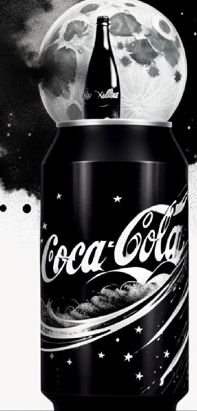 Coca-Cola can with cosmic, artistic black and white design.