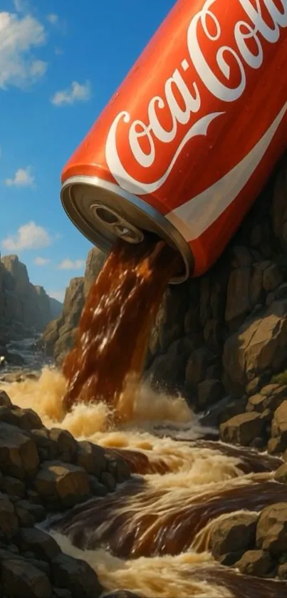 Fantasy art of a Coca-Cola can pouring a river.