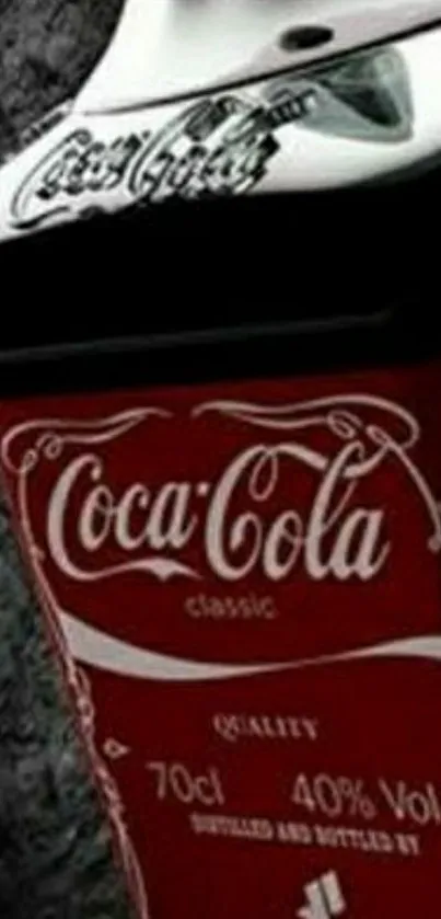 Close-up Coca-Cola bottle wallpaper for mobile, featuring bold red and black colors.