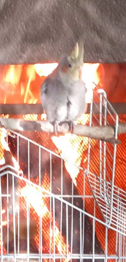 Cockatiel perched by a glowing fireplace.