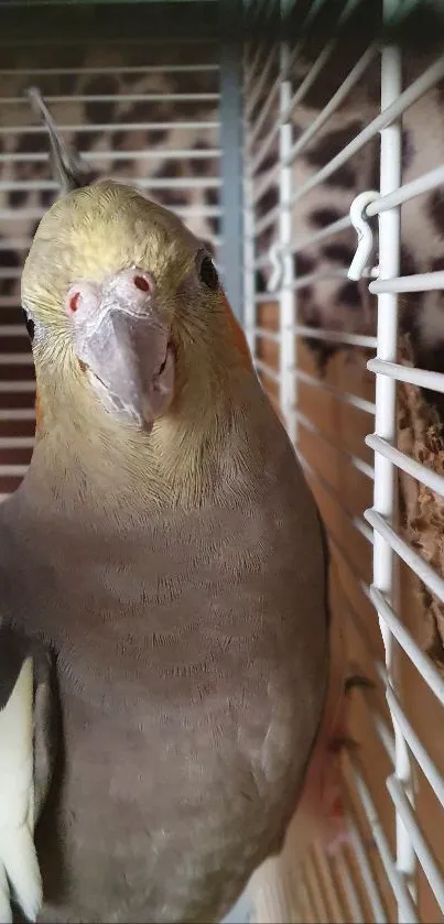 Close-up of a cockatiel in its cozy cage.