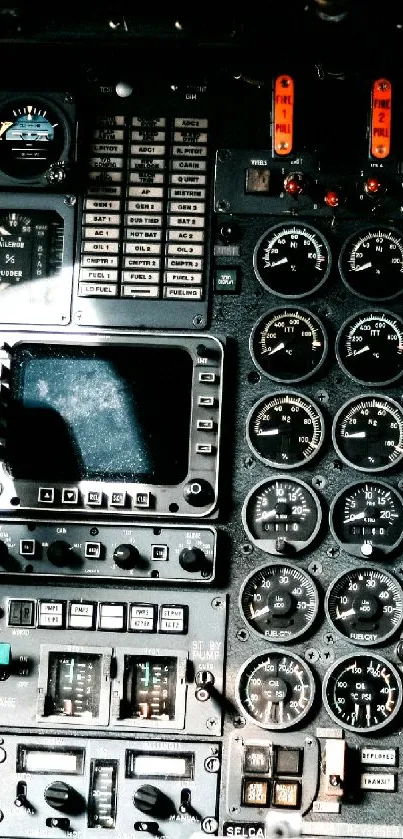 Detailed cockpit control panel with gauges and dials, perfect for aviation enthusiasts.