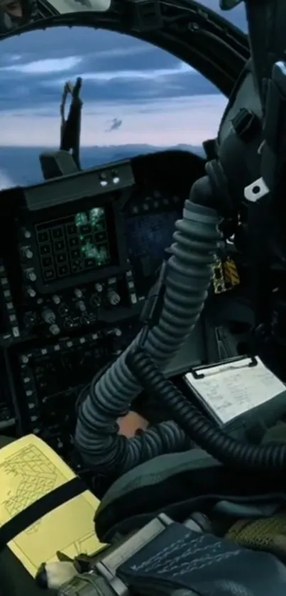 Pilots' view from airplane cockpit showing controls and external sky.