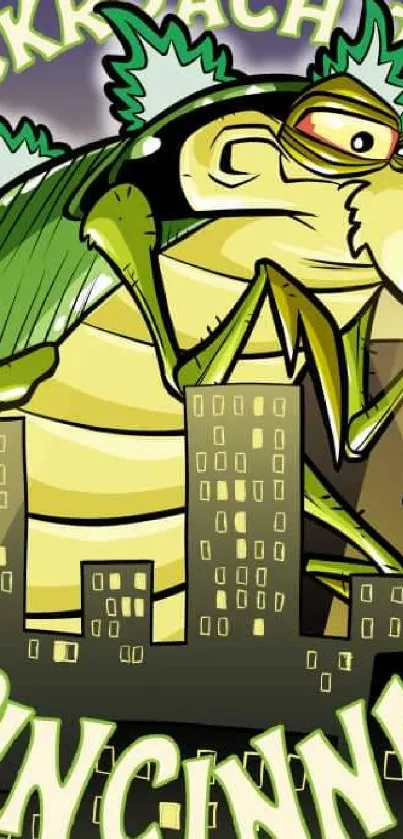 Illustrated giant cockroach cityscape cartoon wallpaper.