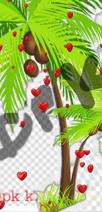 Coconut palm tree with red hearts and vibrant green leaves on wallpaper.