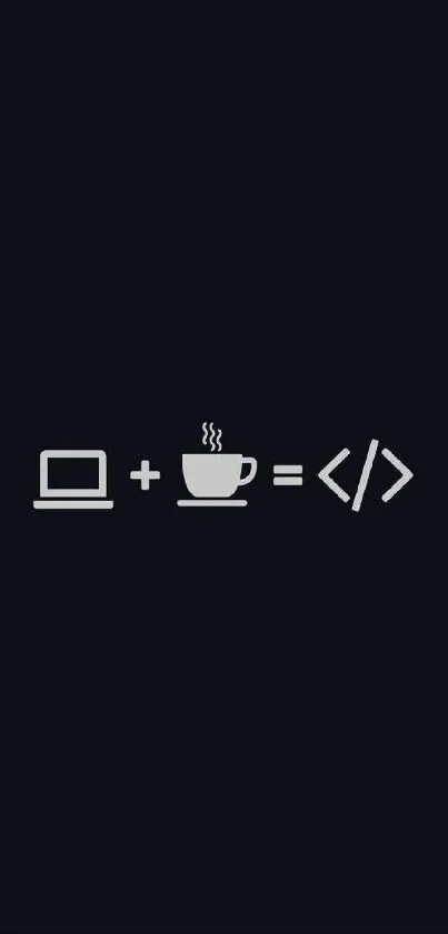 Minimalist wallpaper with laptop, coffee, and coding symbols on a dark background.