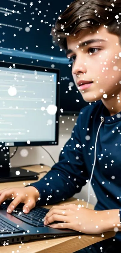 Young person coding on laptop with snow overlay.