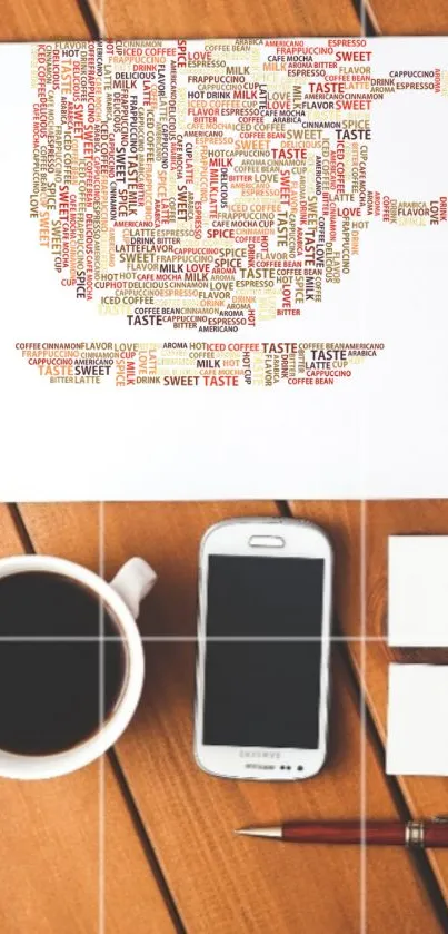 Coffee-themed word art with phone on desk.