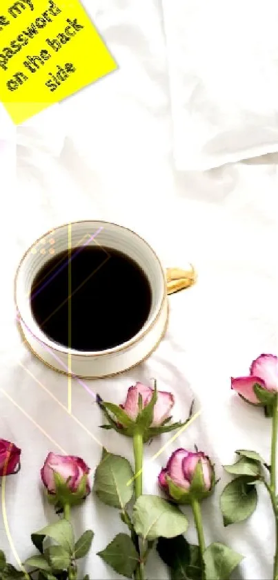 Cozy coffee cup with roses on white bedding, yellow note aside.