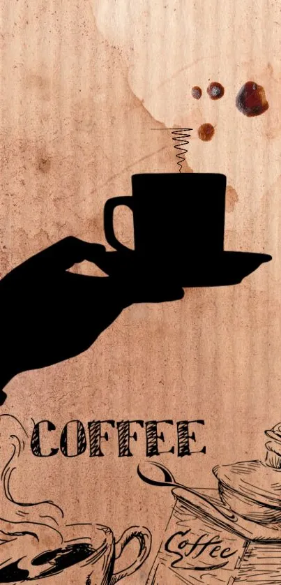 Silhouette hand holding coffee cup with artistic designs.