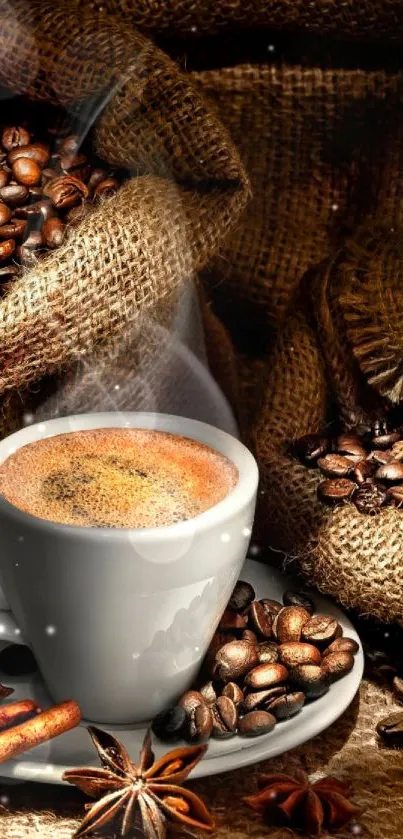 Steaming coffee cup with burlap coffee beans.