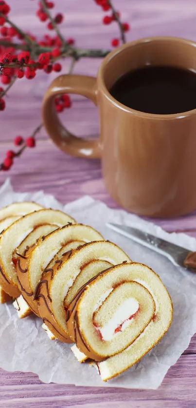 Brown coffee mug with Swiss roll slices on purple wooden table.