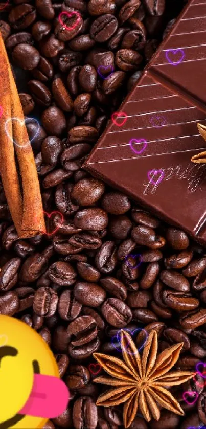 Coffee beans with chocolate and spices background.