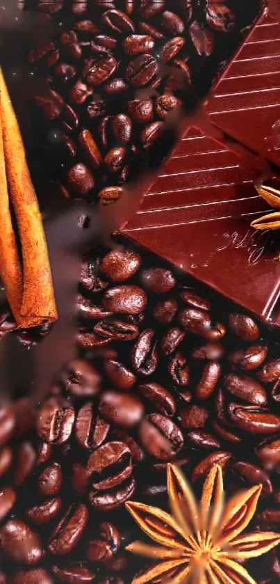 Coffee beans, cinnamon, and chocolate mobile wallpaper.