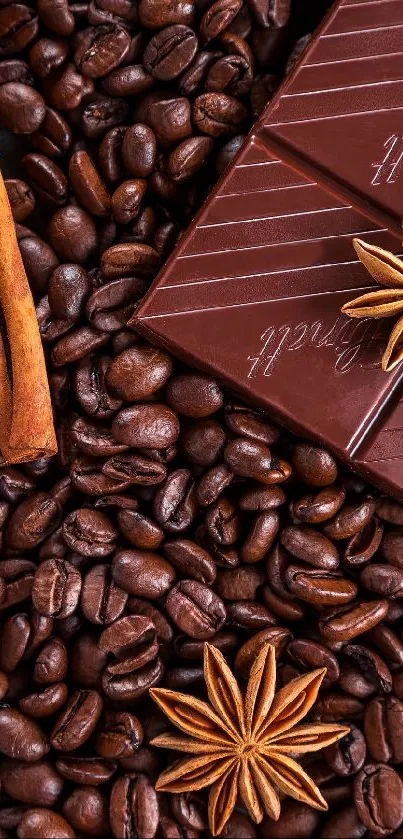 Coffee beans and chocolate with spices in a warm-toned wallpaper.